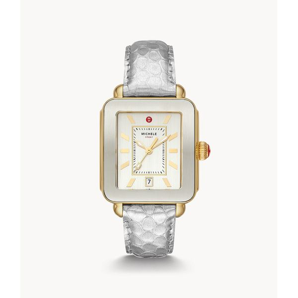 Michele - Deco Sport Gold-Tone with Silver Embossed Leather Watch Strap Steve Lennon & Co Jewelers  New Hartford, NY