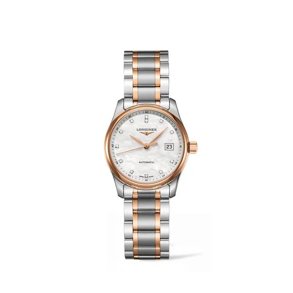 Longines Master Collection -29MM, Stainless steel and 18 karat pink gold cap 200 Glass Scratch-resistant sapphire crystal, White Steve Lennon & Co Jewelers  New Hartford, NY