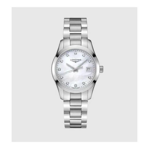 Longines Conquest Collection - Dimension: Ø 34.00 mm Movement Type: Quartz Material: Stainless steel Dial color: White mother-o Steve Lennon & Co Jewelers  New Hartford, NY