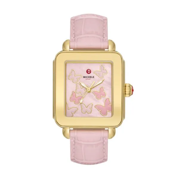 Michele Watches Deco Sport Gold-Tone Pink Leather Watch Country Rose Mother of Pearl Dial with a Butterfly Pattern. S. Lennon & Co Jewelers New Hartford, NY