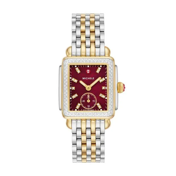 Michele Deco Mid Two-Tone 18K Gold-Plated Diamond Watch with A Ruby Red Mother-of-Pearl Dial with Double Diamond Hour Markings. Steve Lennon & Co Jewelers  New Hartford, NY