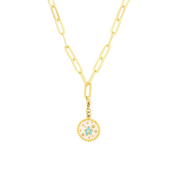 DEE BERKLEY - GOLD PLATED PAPERCLIP NECKLACE WITH DIAMOND & ENAMEL FLOWER CHARM Steve Lennon & Co Jewelers  New Hartford, NY
