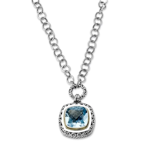 Samuel B. SS 18KT 14MM Cushion Blue Topaz Toggle Necklace Steve Lennon & Co Jewelers  New Hartford, NY