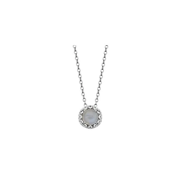 Samuel B. Sterling Silver Genuine Blue Rainbow Moonstone Rd 6\mm & White Topaz Pendant Steve Lennon & Co Jewelers  New Hartford, NY