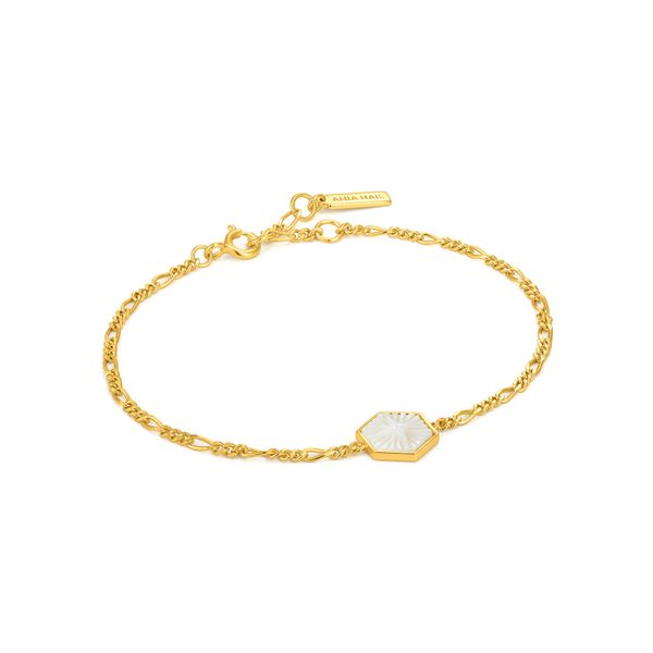 Ania Haie -  Compass Emblem Gold Figaro Chain Bracelet 14kt gold plated on sterling silver with sliced mother of pearl Steve Lennon & Co Jewelers  New Hartford, NY