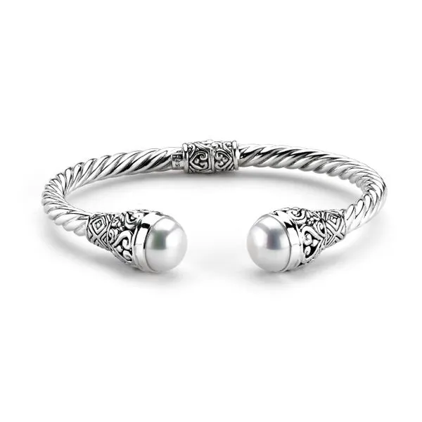 Samuel B. - Sterling Silver Twisted Freshwater Pearl Hinged Cable Bangle Image 2 Steve Lennon & Co Jewelers  New Hartford, NY