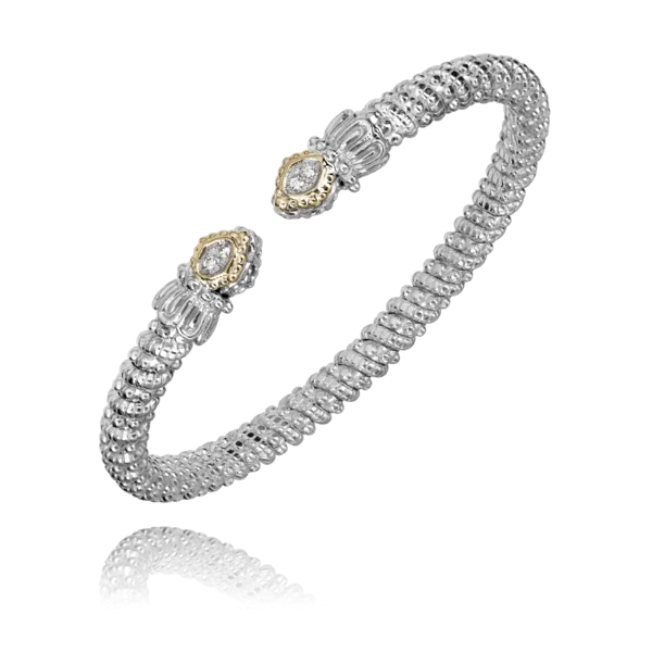 Vahan 14K Yellow Gold & Sterling Silver 4MM Open Band Bracelet with 1 Marquee Diamond Shape on Each Side .06tcw Steve Lennon & Co Jewelers  New Hartford, NY