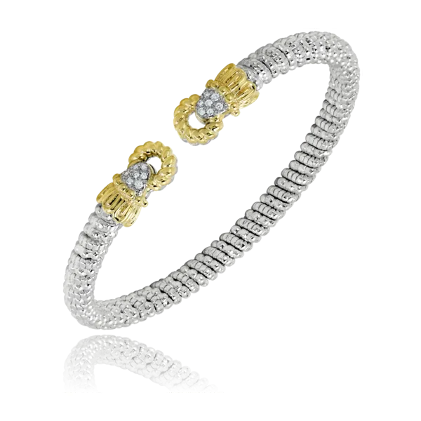 Vahan 14K Yellow Gold & Sterling Silver 4MM Open Band Bracelet with 1 Round Pave Diamond Shape on Each Side & One Gold Ring per Side.11tcw Steve Lennon & Co Jewelers  New Hartford, NY