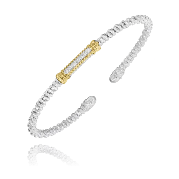 Vahan 14K Yellow Gold & Sterling Silver 2MM Open Band Bracelet with 7 Round Diamond .07tcw Steve Lennon & Co Jewelers  New Hartford, NY
