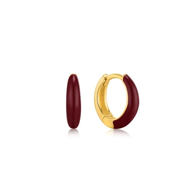 Ania Haie - Claret Red Enamel Gold Sleek Huggie Hoop Earrings 14kt gold plated on sterling silver with enamel Steve Lennon & Co Jewelers  New Hartford, NY