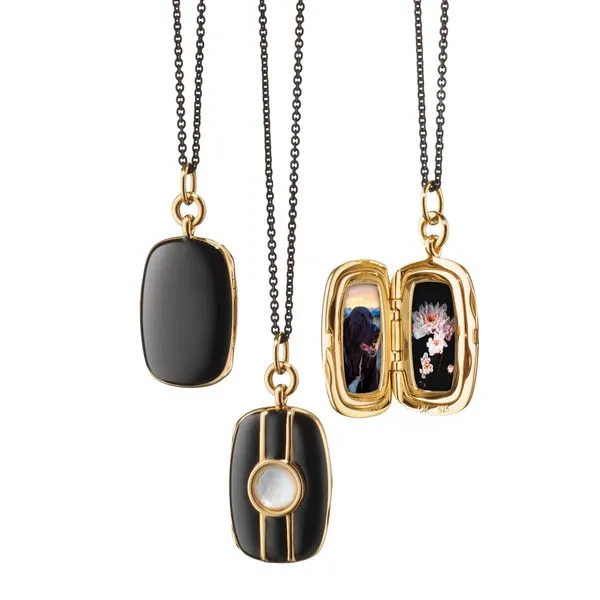 Monica Rich Kosann Sterling Silver and 18K Yellow Gold Vermeil 0.96” Rectangular Locket with Black Enamel and Rock Crystal ove Steve Lennon & Co Jewelers  New Hartford, NY