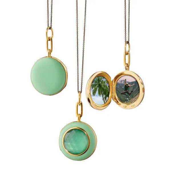 Monica Rich Kosann Sterling Silver and 18K Yellow Gold Vermeil 0.73” Round Locket with Green Enamel and Green Amethyst with Gr Steve Lennon & Co Jewelers  New Hartford, NY