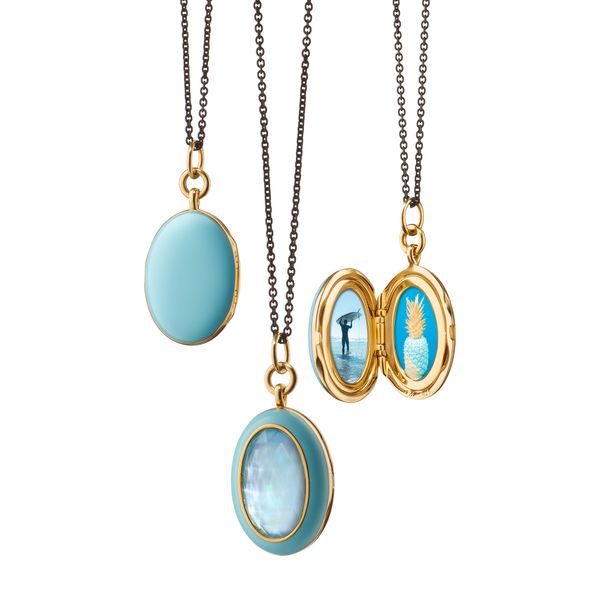 Monica Rich Kosann Sterling Silver and 18K Yellow Gold Vermeil 0.91” Oval Locket with Blue Enamel and Blue Topaz over Mother o S. Lennon & Co Jewelers New Hartford, NY