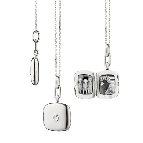 Monica Rich Kosann Sterling Silver Cushion Slim Locket with center Rose cut White Sapphire .06 cts on 18