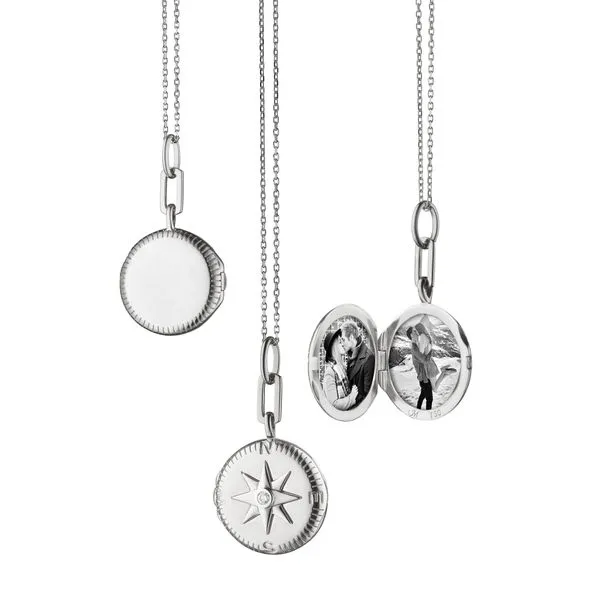 Monica Rich Kosann Sterling Silver Locket with Center Compass with White Sapphire Detail .033ct on an 18