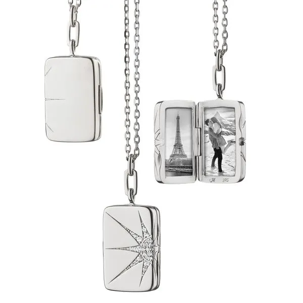 Monica Rich Kosann Sterling Silver Rectangular Locket with White Sapphires .19 cts in Elongated Star Design 32