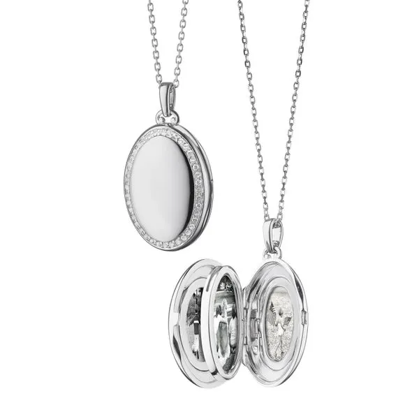 Monica Rich Kosann Sterling Silver Mini Four Image Locket with White Sapphires .19 CW Stone border on a 32