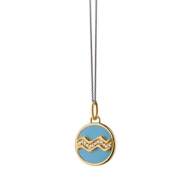 Monica Rich Kosann Sterling Silver and 18K Yellow Gold Vermeil Aquarius Horoscope Charm in Blue Enamel with White Sapphires on 1 Steve Lennon & Co Jewelers  New Hartford, NY