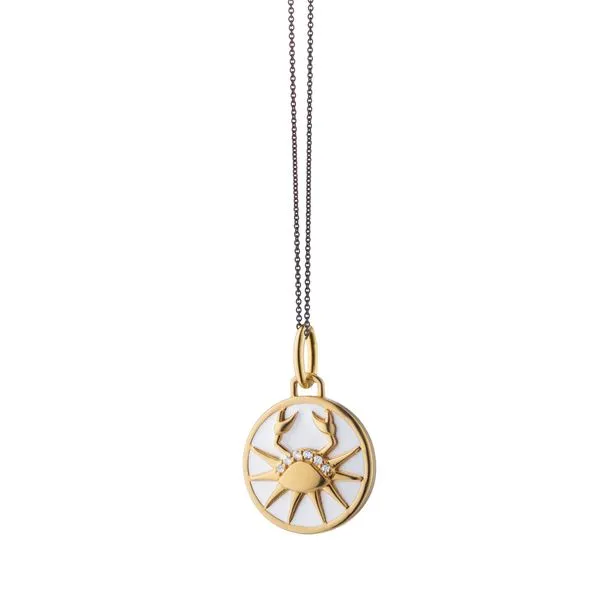 Monica Rich Kosann  Sterling Silver and 18K Yellow Gold Vermeil Cancer Horoscope Charm in White enamel with White Sapphires on 1 Steve Lennon & Co Jewelers  New Hartford, NY