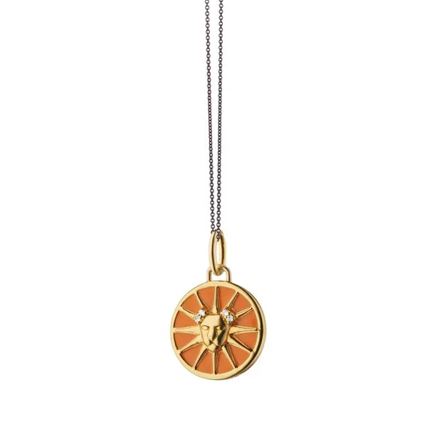 Monica Rich Kosann Sterling Silver and 18K Yellow Gold Vermeil Leo Horoscope Charm in Orange Enamel with White Sapphires on 17