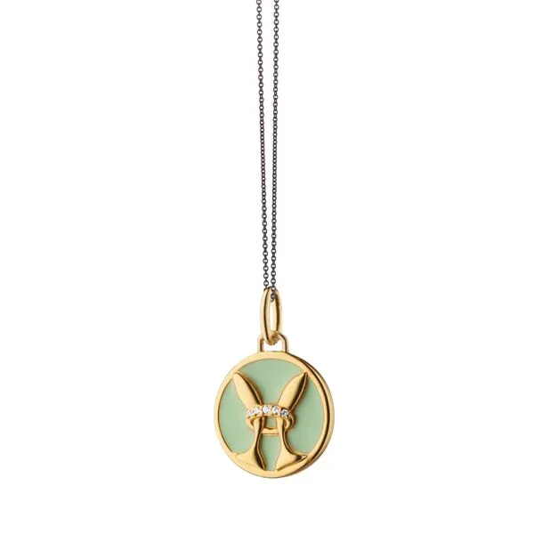 Monica Rich Kosann Sterling Silver and 18K Yellow Gold Vermeil Pisces Horoscope Charm in Seafoam Green Enamel with White Sapphir Steve Lennon & Co Jewelers  New Hartford, NY