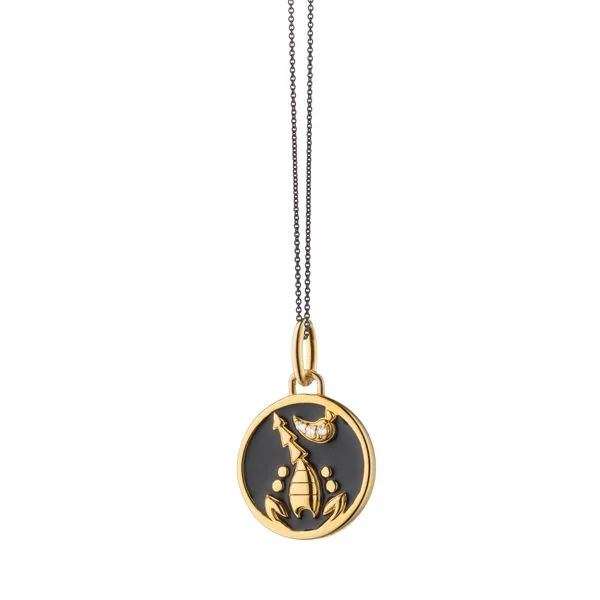 Monica Rich Kosann Sterling Silver and 18K Yellow Gold Vermeil Scorpio Horoscope Charm in Black enamel with White Sapphires on 1 Steve Lennon & Co Jewelers  New Hartford, NY