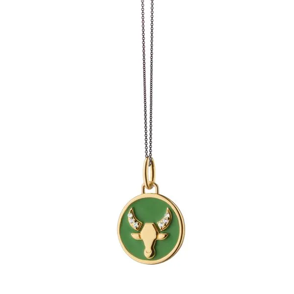 Monica Rich Kosann Sterling Silver and 18K Yellow Gold Vermeil Taurus Horoscope Charm in Green Enamel with White Sapphires on 17 Steve Lennon & Co Jewelers  New Hartford, NY