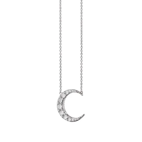 Monica Rich Kosann Sterling Silver Mini Crescent Moon with Moonstone Cabachons .63ct and White Sapphires .206ct on a 17