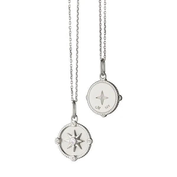 Monica Rich Kosann Sterling Silver Miniature Compass Charm with center White Sapphire .33cts on a 18