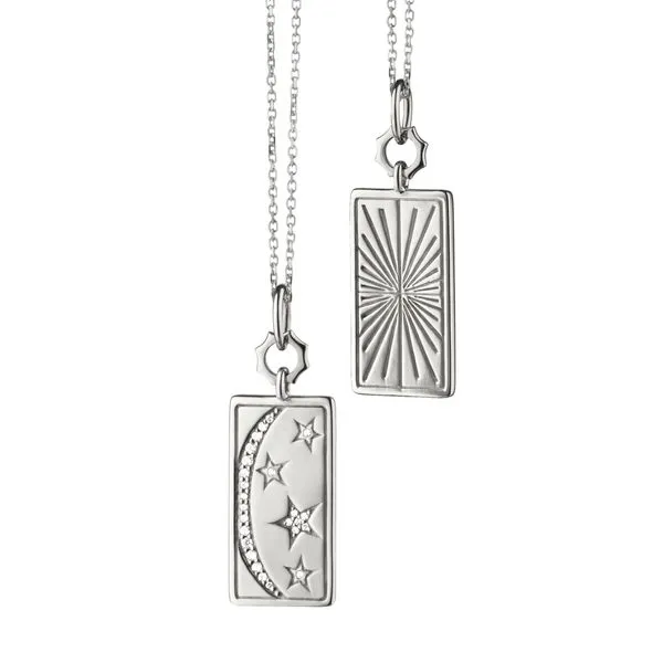 Monica Rich Kosann Sterling Silver Rectangular My Sun Moon & Stars Tag Charm with White Sapphires on 18 inch mini diamond cut ch Steve Lennon & Co Jewelers  New Hartford, NY