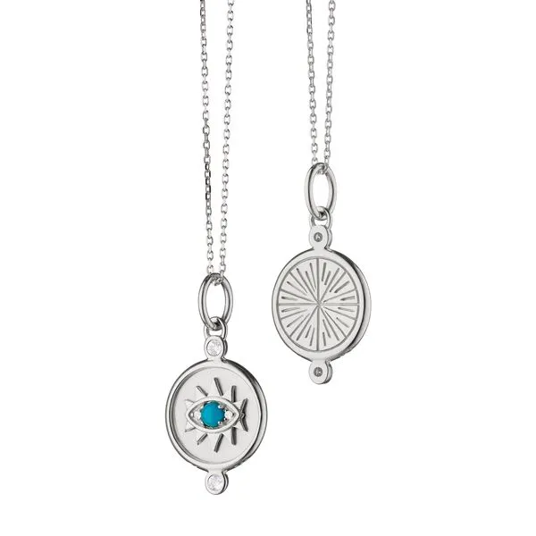 Monica Rich Kosann Sterling Silver Eye Charm with Center Turquoise .15cts and White Sapphire Eye .076cts on 18