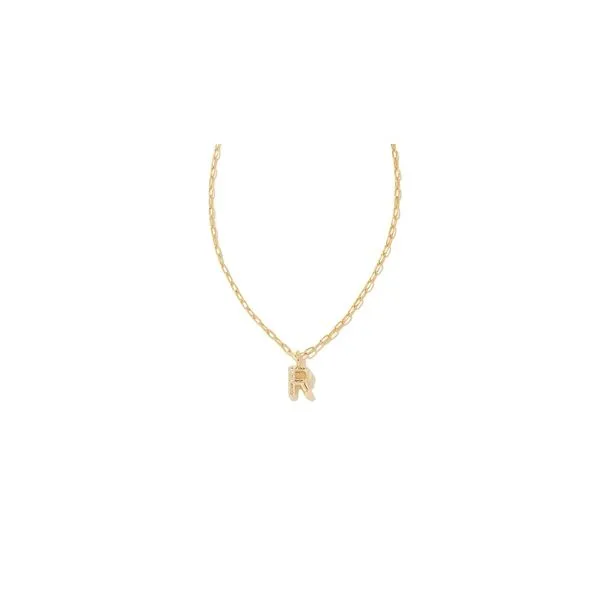 Kendra Scott Crystal Letter R Short Pendant Necklace Gold White CZ Steve Lennon & Co Jewelers  New Hartford, NY