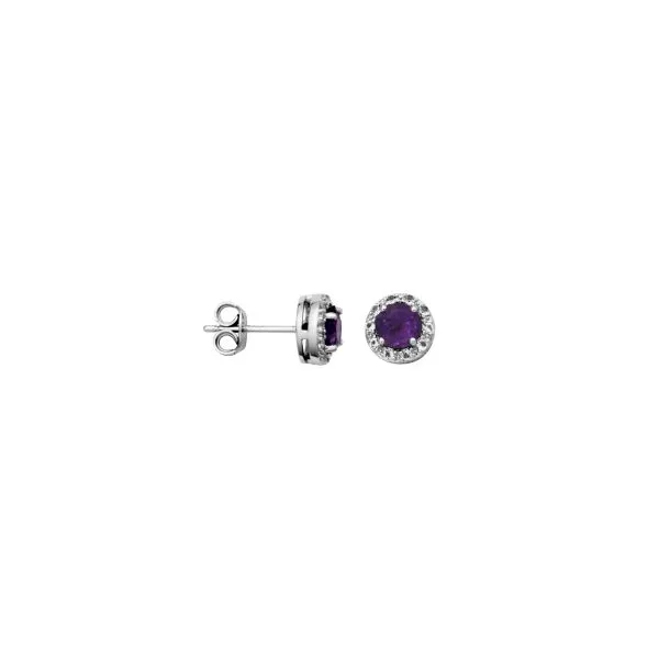 Samuel B.SS Rhodium Plated Ear  Genuine African Amethyst Rd 5mm & White Topaz Post Earrings Steve Lennon & Co Jewelers  New Hartford, NY