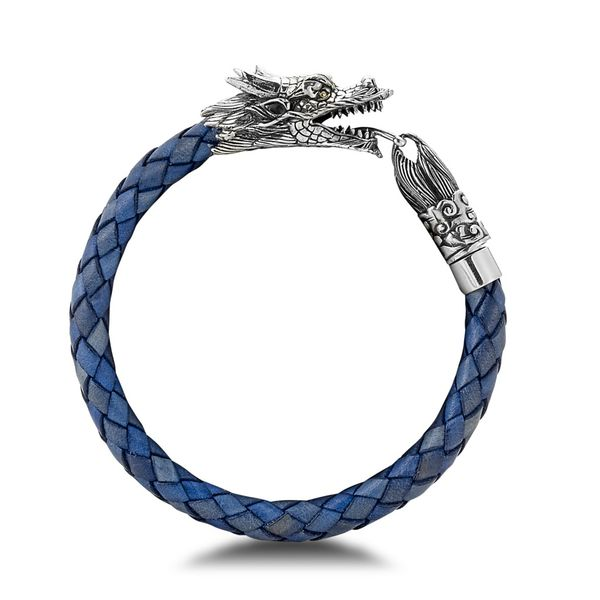 Samuel B. Men's Sterling Silver 18KT Blue Leather Dragon Bracelet Steve Lennon & Co Jewelers  New Hartford, NY