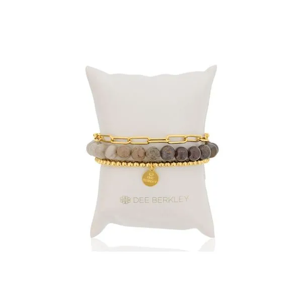 DEE BERKLEY 8MM PICTURE JASPER OMBRE, GOLD PLATED PAPER CLIP CHAIN AND 4MM GOLD FILLED BEADS WITH GOLD TONE DEE BERKLEY CHARM Steve Lennon & Co Jewelers  New Hartford, NY