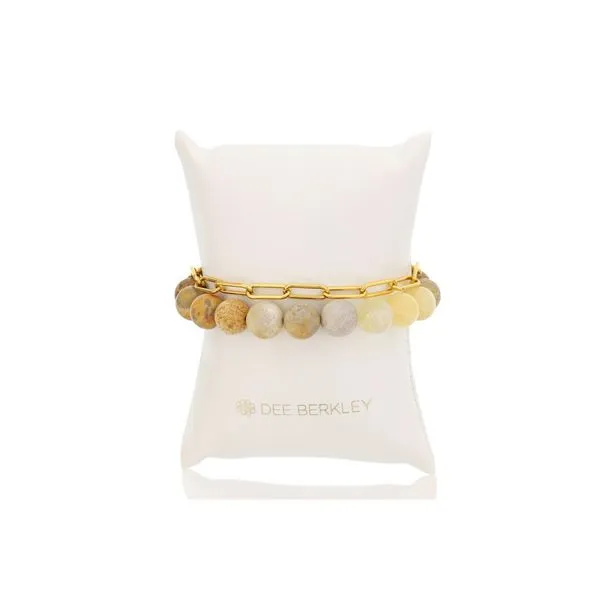 DEE BERKLEY 10MM PICTURE JASPER OMBRE AND GOLD PLATED PAPER CLIP BRACELET WITH GOLD TONE DEE BERKLEY CHARM Steve Lennon & Co Jewelers  New Hartford, NY