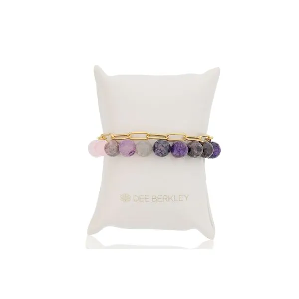 DEE BERKLEY 10MM PURPLE QUARTZ OMBRE AND GOLD PLATED PAPER CLIP BRACELET WITH GOLD TONE DEE BERKLEY CHARM Steve Lennon & Co Jewelers  New Hartford, NY