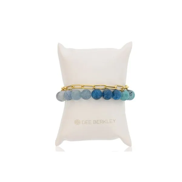 DEE BERKLEY 10MM AQUAMARINE OMBRE AND GOLD PLATED PAPER CLIP BRACELET WITH GOLD TONE DEE BERKLEY CHARM Steve Lennon & Co Jewelers  New Hartford, NY