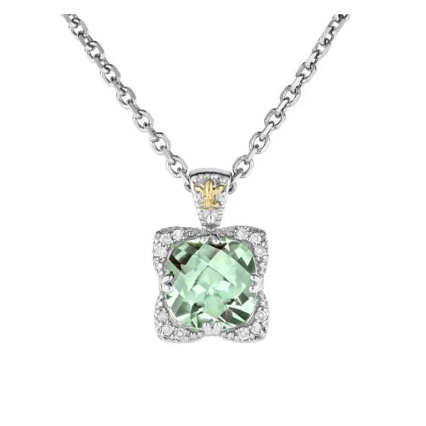 Sterling Silver 18k Yellow Gold Rhodium Finish Pendant 0.1200ct Diamond 10mm Cushion Green Amethyst on Sterling Silver 18