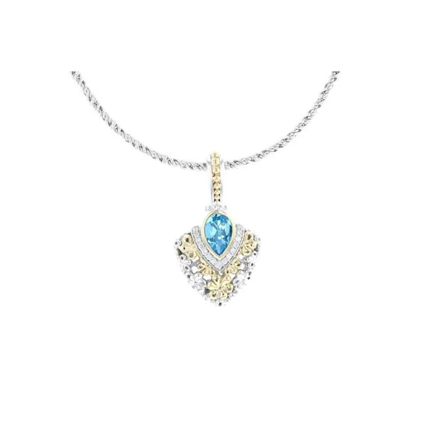 PiyaRo Italian Sterling Silver Pendant with a blue topaz center stone, 0.15ct diamonds and 14K solid yellow gold accents Smith Jewelers Franklin, VA