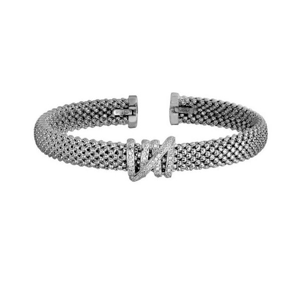 Silver with Rhodium Finish 8mm Popcorn Textured Do Med Cuff Bangle with Coil Center Element with 0.13Ct. Diamond Smith Jewelers Franklin, VA