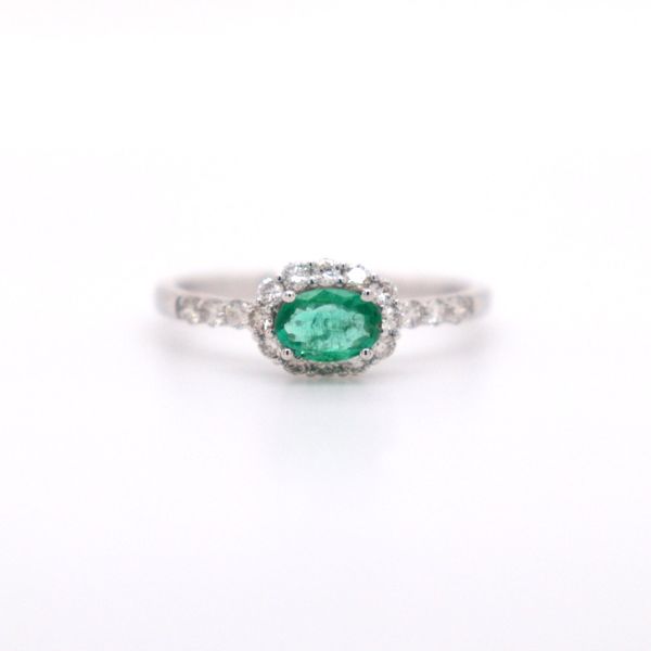 Emerald & Diamond Sideways Halo Ring Spicer Cole Fine Jewellers and Spicer Fine Jewellers Fredericton, NB