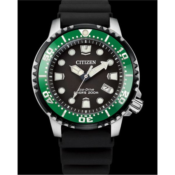 Citizen Promaster Diver Eco Drive Black & Green Stainless Steel Watch Spicer Cole Fine Jewellers and Spicer Fine Jewellers Fredericton, NB