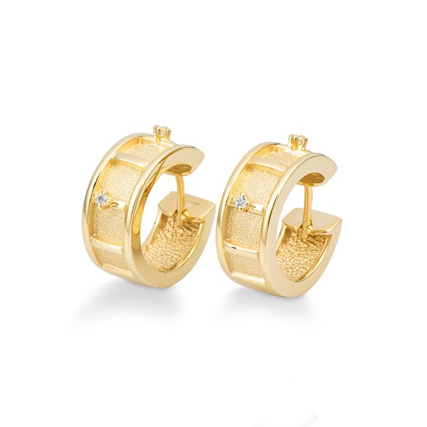 Yellow Sandblast & Polished Gold Plated Sterling Silver Huggie Earrings With 4 Round White Sapphires Spicer Cole Fine Jewellers and Spicer Fine Jewellers Fredericton, NB