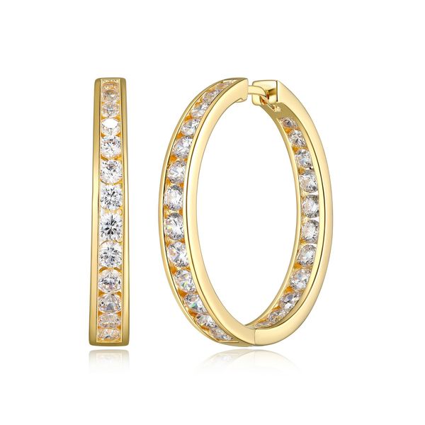 Reign Diamondlite CZ Graduated Channel Set 30mm Round Hoop Earrings in Sterling Silver with 18K Gold Plating. Spicer Cole Fine Jewellers and Spicer Fine Jewellers Fredericton, NB