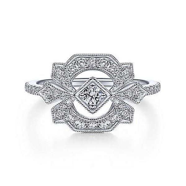 14kt White Gold and Diamond Art Deco Ring by Gabriel & Co. Stambaugh Jewelers Defiance, OH