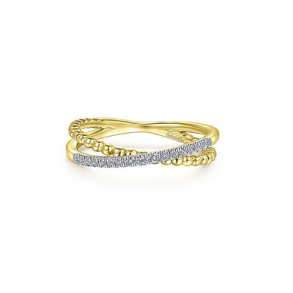 14K Yellow Gold Beaded Pavé Diamond Criss Cross Ring by Gabriel & co. Stambaugh Jewelers Defiance, OH