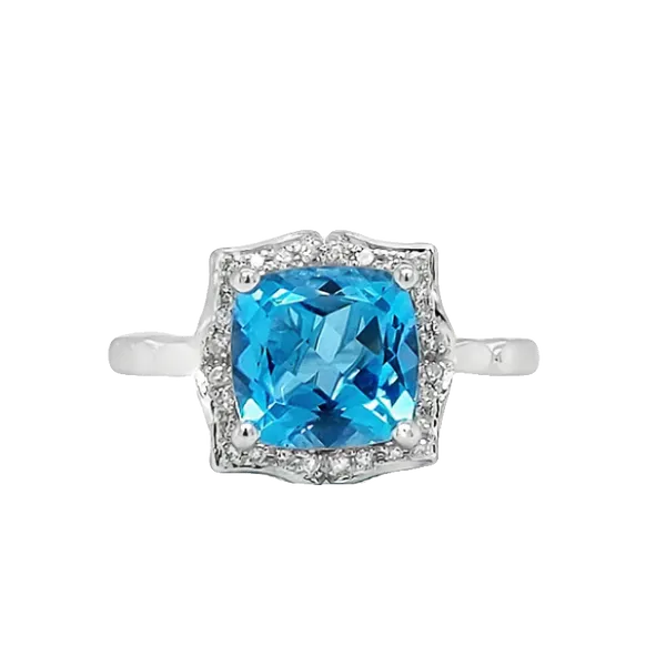 Vintage Style Blue Topaz and Diamond Ring in 14 Karat White Gold Image 2 Stambaugh Jewelers Defiance, OH