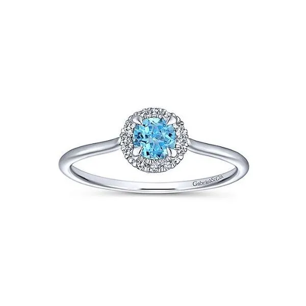 14kt White Gold Blue Topaz and Diamond Halo Ring Stambaugh Jewelers Defiance, OH