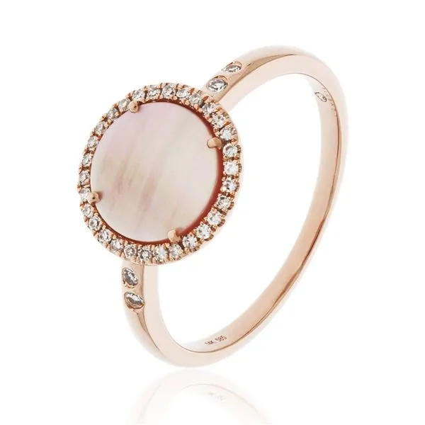 Pink Mother of Pearl and Diamond Ring in 14 Karat Rose Gold Stambaugh Jewelers Defiance, OH